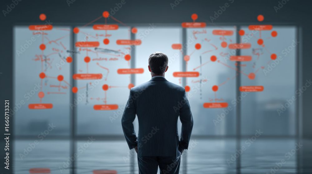 Fototapeta premium Businessman in suit stands in front of large glass window, analyzing complex data visualizations and flowcharts. atmosphere conveys sense of focus and strategic planning