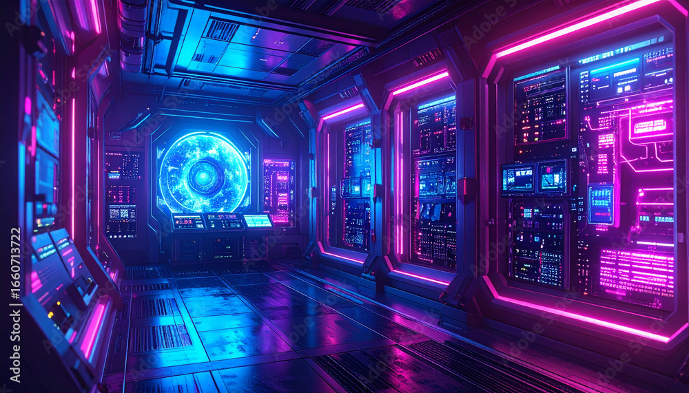 Fototapeta premium Futuristic Interior: A vivid image of a sleek, neon-lit spaceship corridor showcasing advanced technology, captivating with its immersive and stylish design.