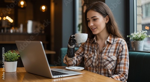 Young woman with prosthetic arm working laptop
