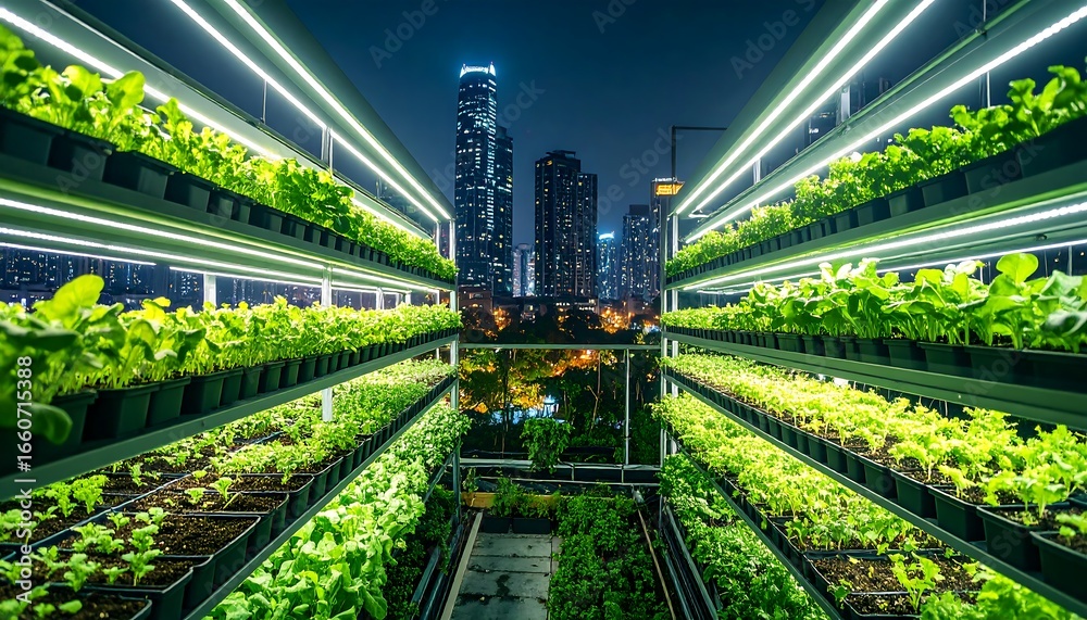 Naklejka premium Vertical farm at night with city lights