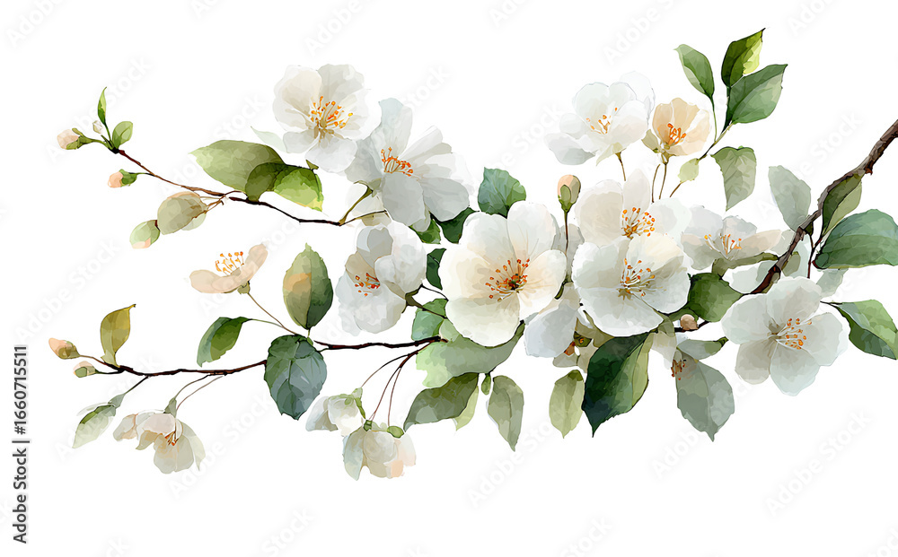 Fototapeta premium Watercolor white flowers and green leaves on a branch, simple vector PNG clipart isolated on a transparent background
