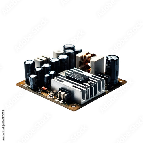 Detailed view of an electronic power supply module with a heatsink and capacitors on a printed circuit board isolated on white