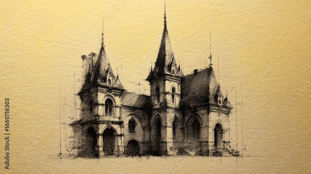 Obraz premium Architectural sketch of an old house with towering spires, against a tan background