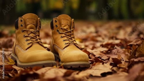 A pair of tan work boots with laces sitting on a bed of fallen leaves in an outdoor setting scene