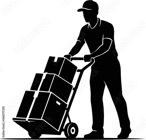 Silhouette of a delivery man pushing a hand truck loaded with boxes, representing logistics and shipping services