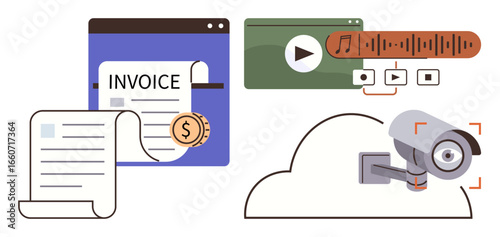 Online invoice with dollar coin, media player controls with audio wave, CCTV camera connected to cloud. Ideal for business, finance, media, technology, cybersecurity innovation analytics. Simple