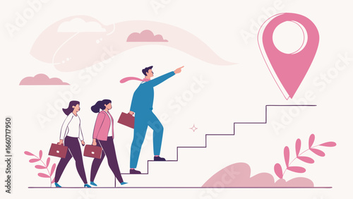 Business Team Climbing Stairs Towards Success Reaching a Pink Destination Point.