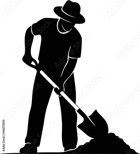 Silhouette illustration depicting a diligent manual laborer or gardener using a shovel to perform digging work, symbolizing effort and productivity in a timeless graphic style.