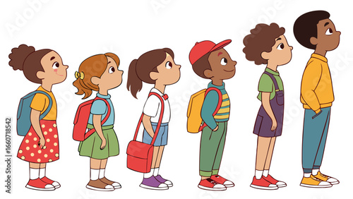 Cartoon Children Standing in a Straight Line.