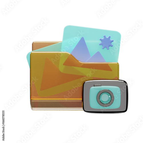 A vibrant 3D icon depicting a translucent orange folder containing various media files like images and an email, with a teal digital device in the foreground, symbolizing digital content management.