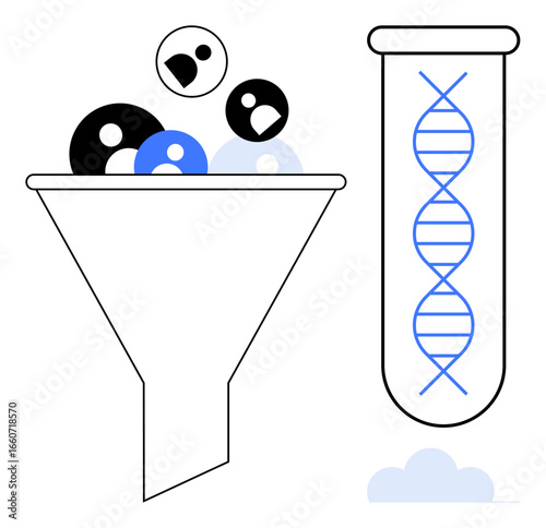 Funnel filtering diverse user profiles into a test tube with DNA structure. Ideal for data processing, genetic research, scientific innovation, analysis, user segmentation, biotechnology, simple flat