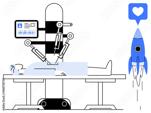 Robotic arms working on patient under automated surgical system, monitor showing vitals, rocket with heart symbol representing progress. Ideal for healthcare, technology, innovation, surgery