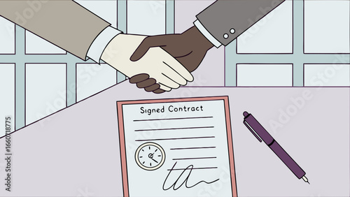 Cartoon Handshake Over Signed Contract on Desk with Pen.