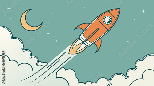 Cartoon Rocket Ship Launching into Space with Moon and Stars.