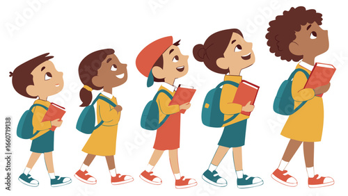 Cheerful Children Walking to School with Backpacks and Books.