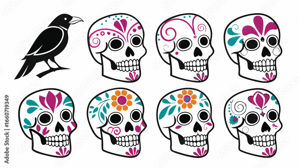 Fototapeta premium Colorful Decorated Sugar Skulls and Raven Illustration.