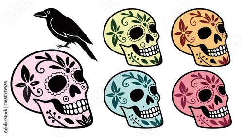 Colorful Sugar Skull Collection with Decorative Floral Designs.
