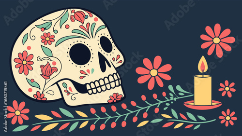 Colorful Sugar Skull with Floral Decorations and Candle Illustration.
