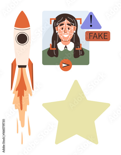 Rocket launching, AI detecting deepfakes in a face scan, triangle caution warning sign, large star shape. Ideal for technology, innovation, AI, space exploration, cybersecurity video verification