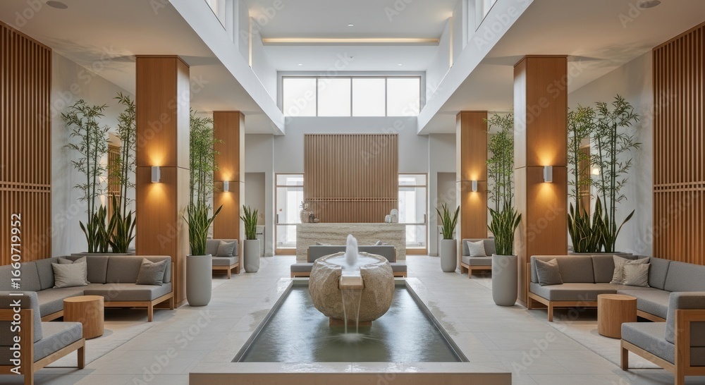 Fototapeta premium Luxury Hotel Lobby with Modern Zen Interior Design and Water Fountain