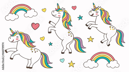 Cute Cartoon Unicorns with Rainbow and Stars.