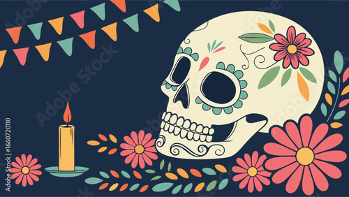 Decorated Sugar Skull with Floral and Candle Elements.