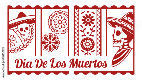 Dia de los Muertos Banner with Skulls and Flowers in Red.