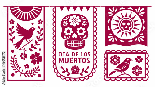 Dia de los Muertos Paper Banners Sugar Skulls Birds and Floral Designs.