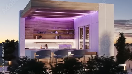 Stylish outdoor kitchen with modern lighting and a contemporary design.