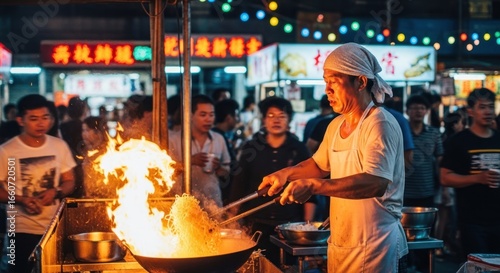 Asian Street Food Chef Stir-Frying Noodles with Wok Flames at a Lively Night Market