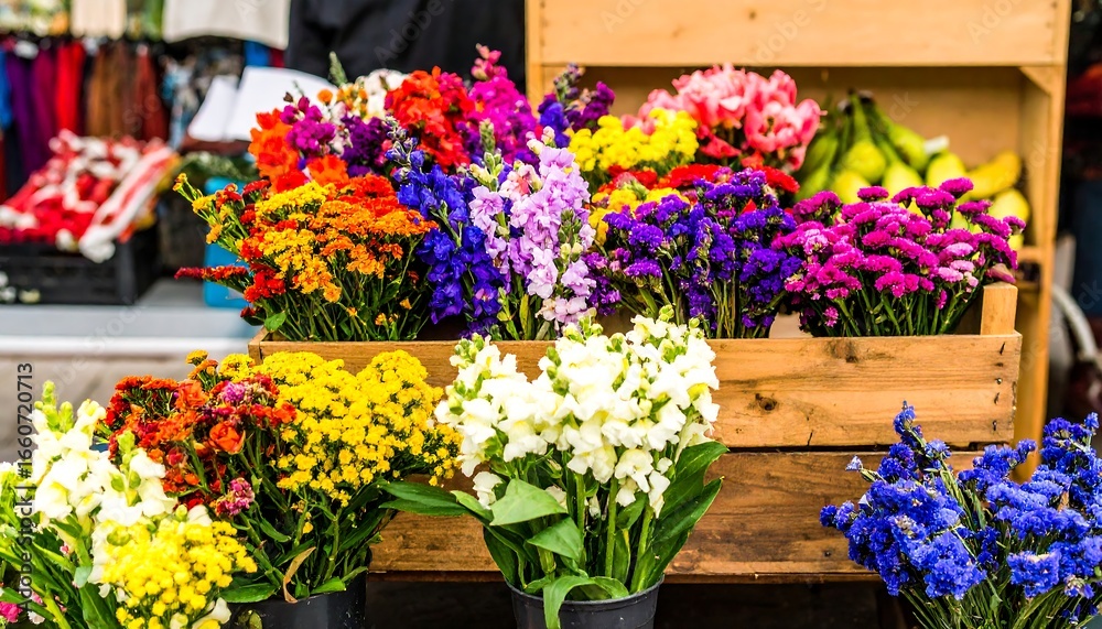 Obraz premium Colorful flower bouquets at a market stall