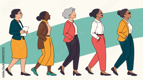Diverse Group of Businesswomen Walking Forward in Professional Attire.