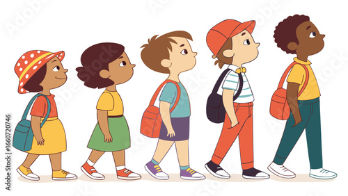 Diverse Group of Children Walking Together to School.