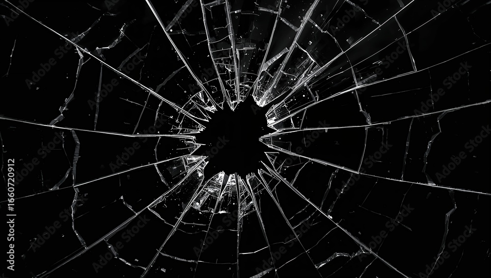 Fototapeta premium Close-up of shattered glass with radial cracks on a black background