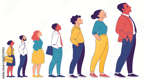 Diverse Group of People Looking Upward in a Row Vector Illustration.