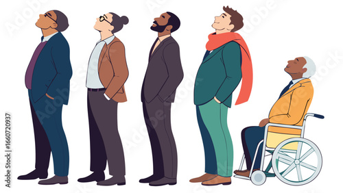 Diverse Group of People Looking Upward Including One in a Wheelchair.