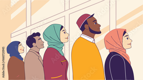 Diverse Group of People in Profile Wearing Headscarves and Hats.