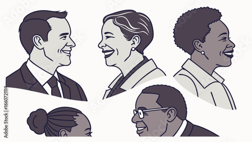 Diverse Group of Smiling People in Profile Portraits.
