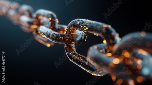 Close up of interconnected chain links glowing with sparkling golden light. Abstract digital technology, secure network and data connection concept.