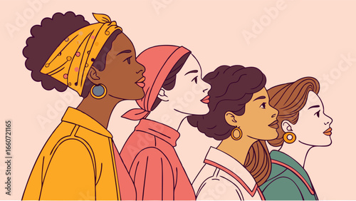 Diverse Group of Women in Profile Wearing Headscarves and Earrings.