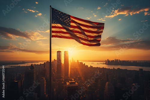 An American flag waves solemnly at sunset above the city skyline, symbolizing remembrance and resilience after September 11
