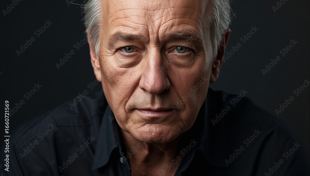 Obraz premium Portrait of a thoughtful senior man with a serious expression on a dark background