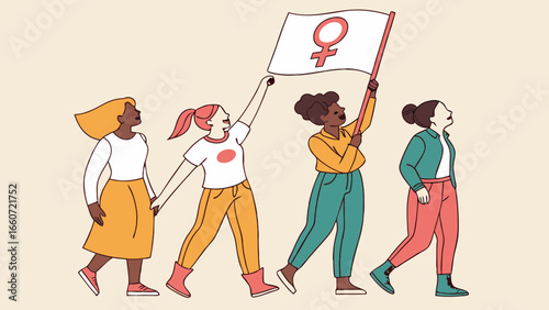 Diverse Women in a Protest March Holding a Feminist Flag.
