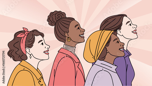 Diverse Women Looking Upward in Profile View.