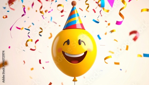 Joyful 3D Emoji Balloon with Party Hat in a Vibrant Shower of Festive Confetti.