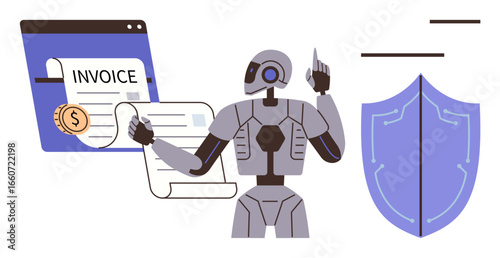 Robot interacting with digital invoices, coin, and a shield symbolizing data security. Ideal for automation, fintech, smart services, data protection, AI solutions, secure transactions simple flat