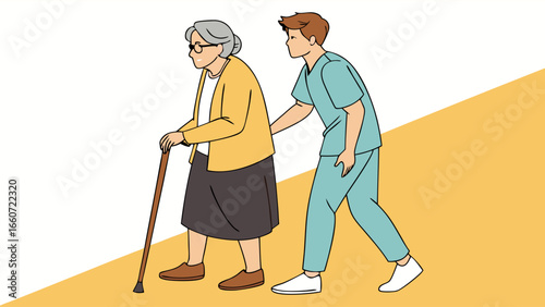Elderly Woman Assisted by Caregiver with Walking Stick Illustration 1.
