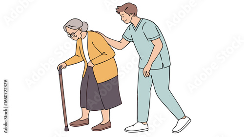 Elderly Woman Assisted by Caregiver with Walking Stick Illustration.