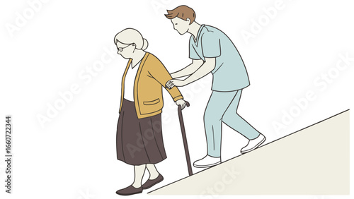 Elderly Woman Assisted Upward Slope by Caregiver.