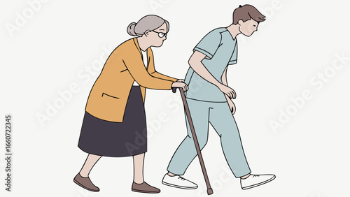 Elderly Woman Assisting a Person with a Walking Cane.